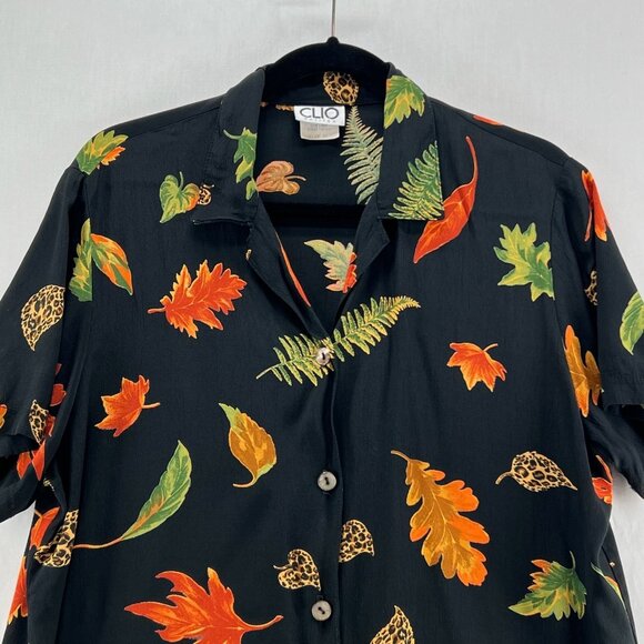 Clio Petites Vintage Shirt Sz PL Short Sleeve Button Up Fall Leaf Made USA Black - Picture 4 of 11